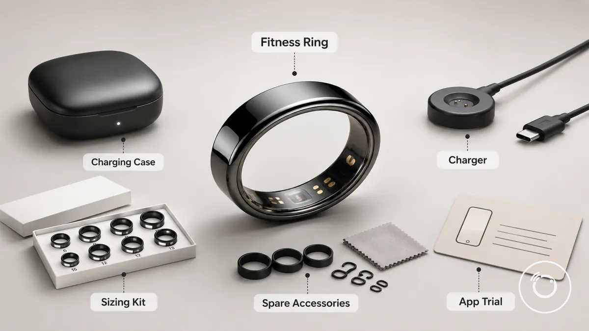 Fitness smart ring bundle with charging accessories and sizing kit