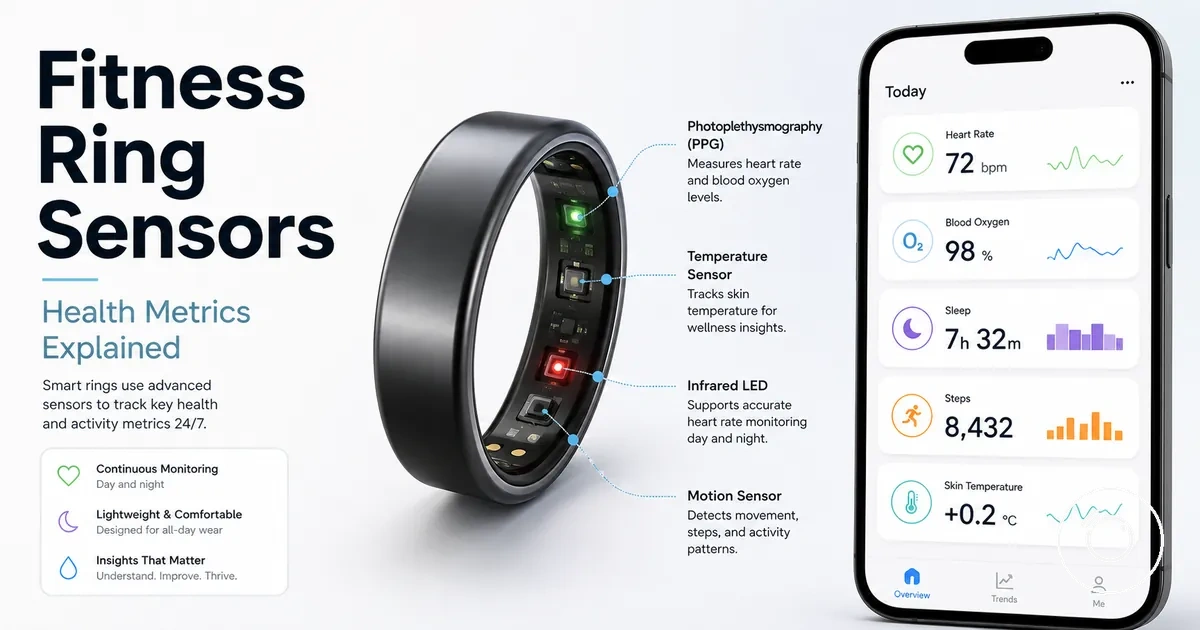 Fitness smart ring sensor layout with health metrics displayed on a phone app