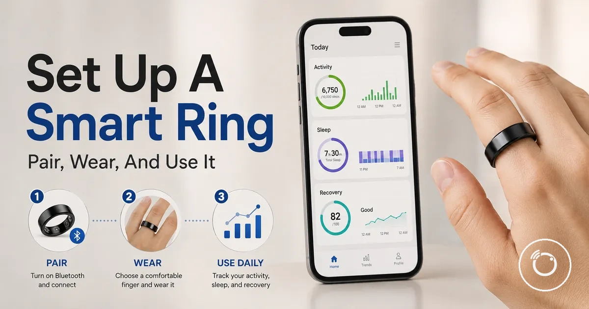 Fitness smart ring being paired with a phone app and worn on a finger