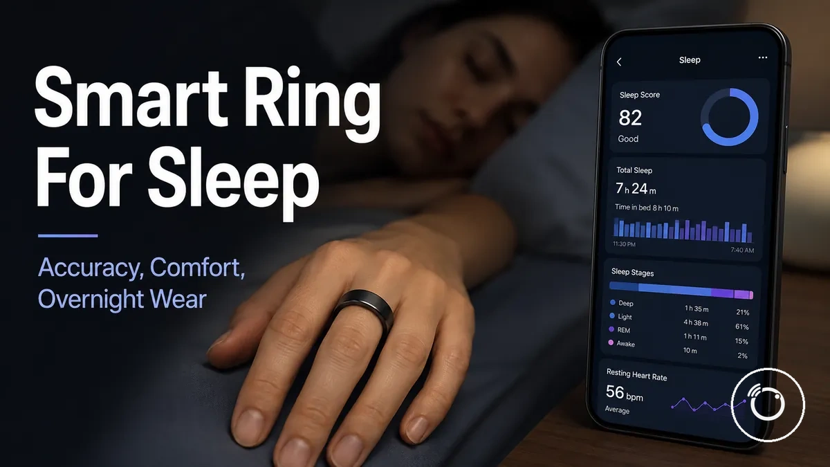 Fitness smart ring used for overnight sleep tracking with sleep metrics on a phone