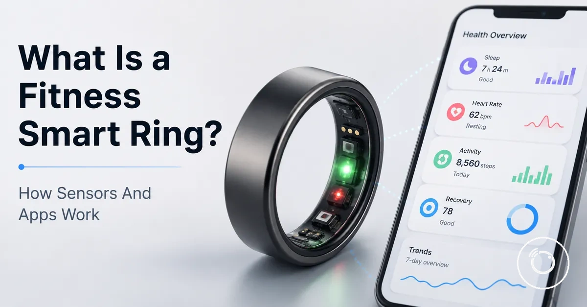 Fitness smart ring with visible sensor area and connected health app concept