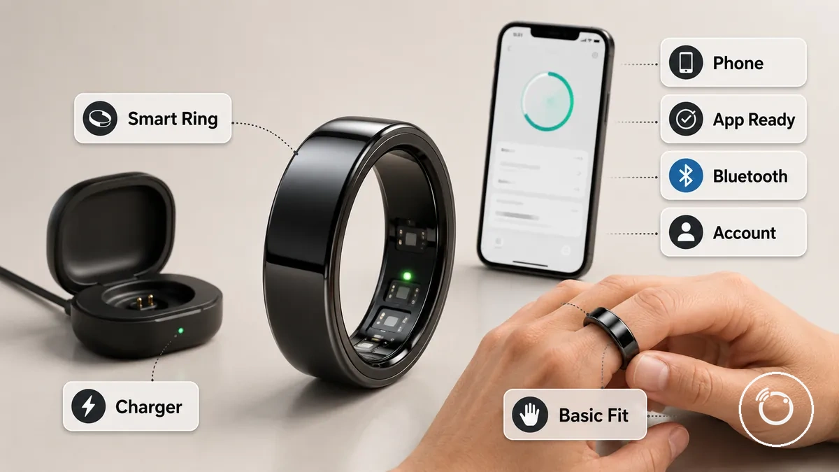 Anillo inteligente de fitness, cargador, aplicación de teléfono y elementos de preparación Bluetooth antes de la primera configuración