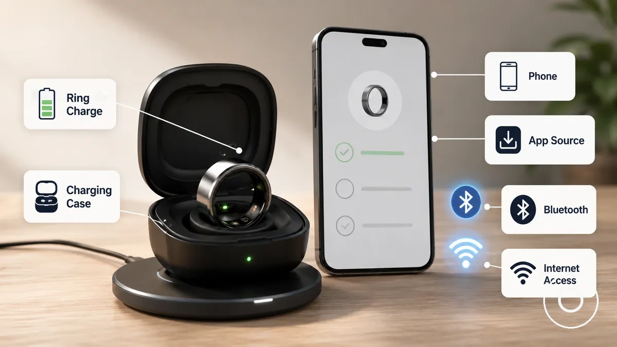Verificaciones del anillo, cargador, teléfono, aplicación, Bluetooth e internet antes de la configuración del anillo inteligente