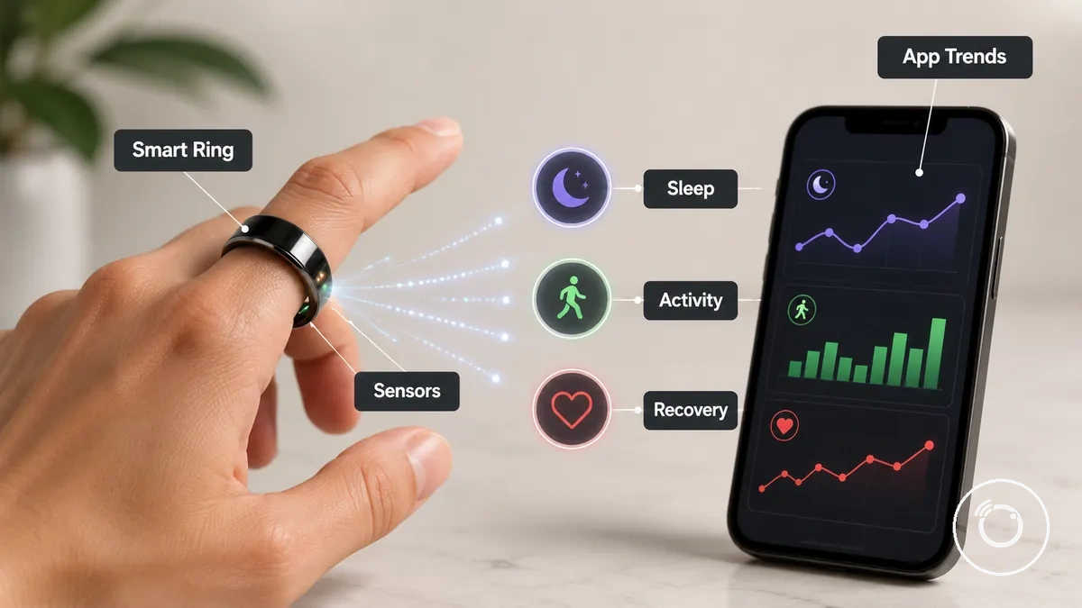 Anillo inteligente de fitness para el dedo con métricas de salud mostradas en una aplicación complementaria