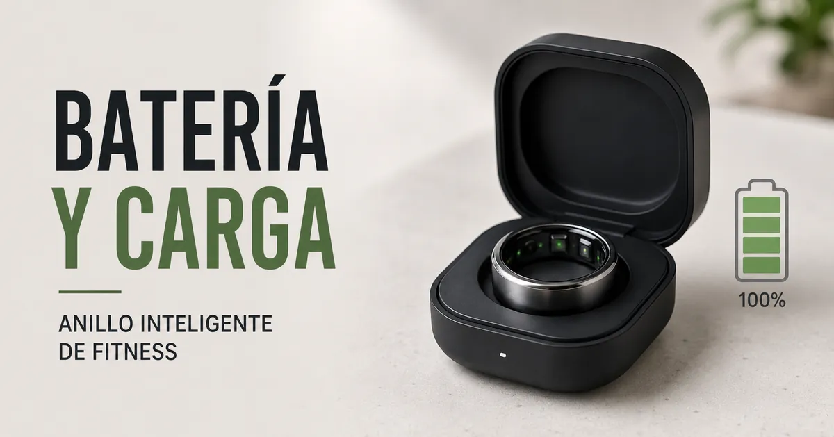 Anillo inteligente de fitness en un estuche de carga compacto junto a un indicador de batería