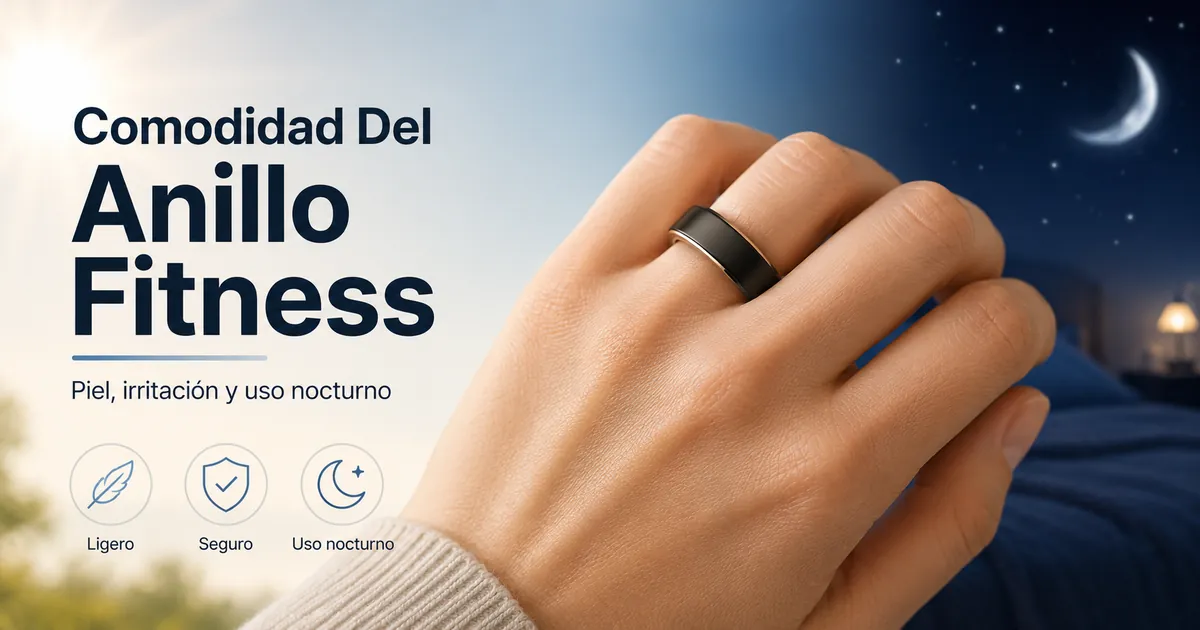 Anillo inteligente de fitness llevado cómodamente en un dedo durante el día y la noche