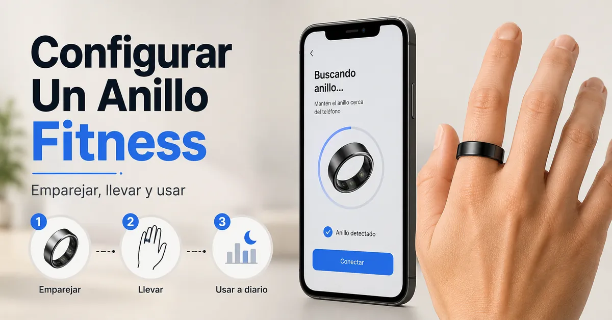 Anillo inteligente de fitness emparejándose con una app móvil y colocado en un dedo