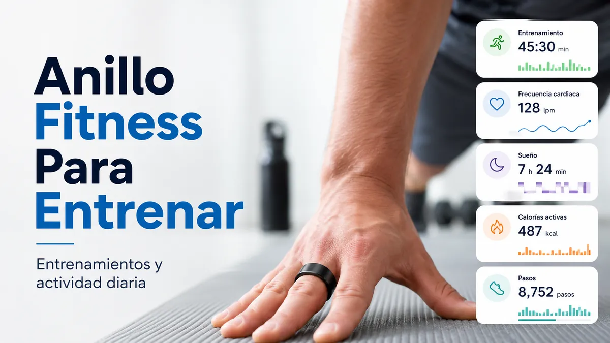 Anillo inteligente de fitness registrando entrenamientos y métricas de actividad diaria durante el ejercicio