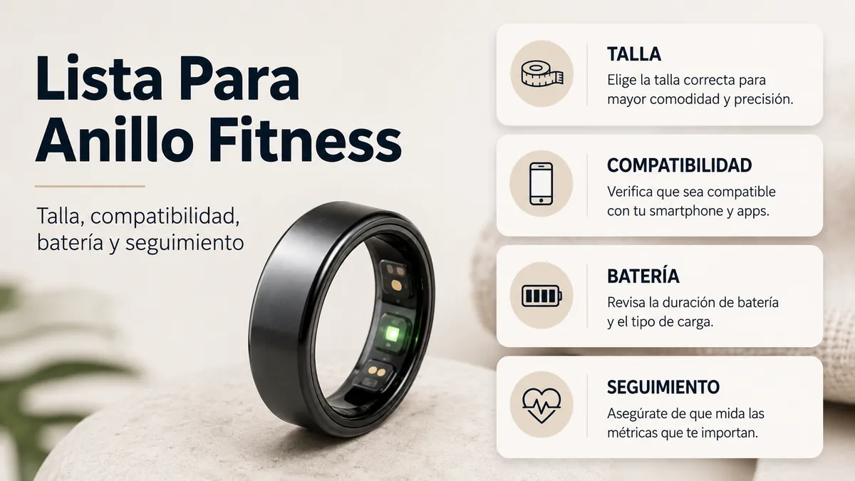 Lista de compra para un anillo inteligente de fitness con factores de talla, compatibilidad, batería y seguimiento