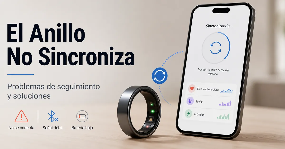 Anillo inteligente de fitness y app móvil con señales de problemas de seguimiento o sincronización