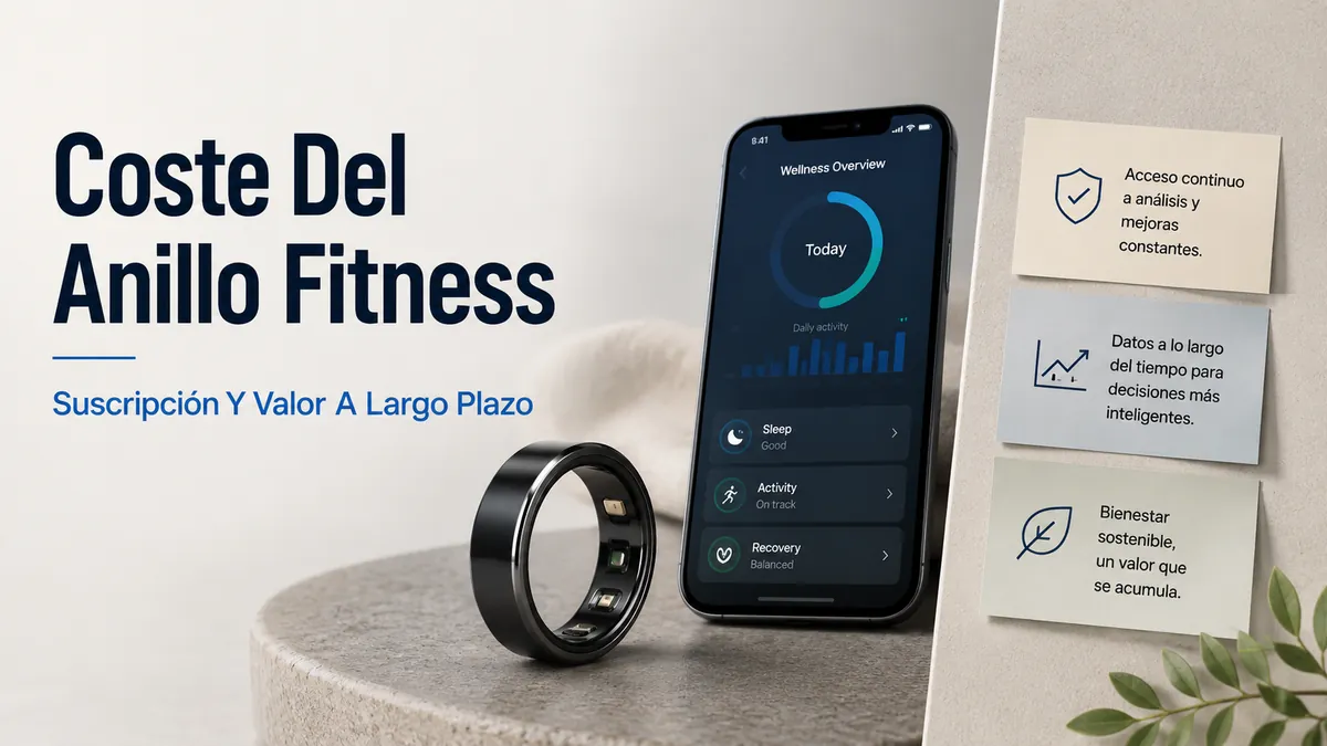 Anillo inteligente de fitness junto a una app móvil y notas de comparación de precios