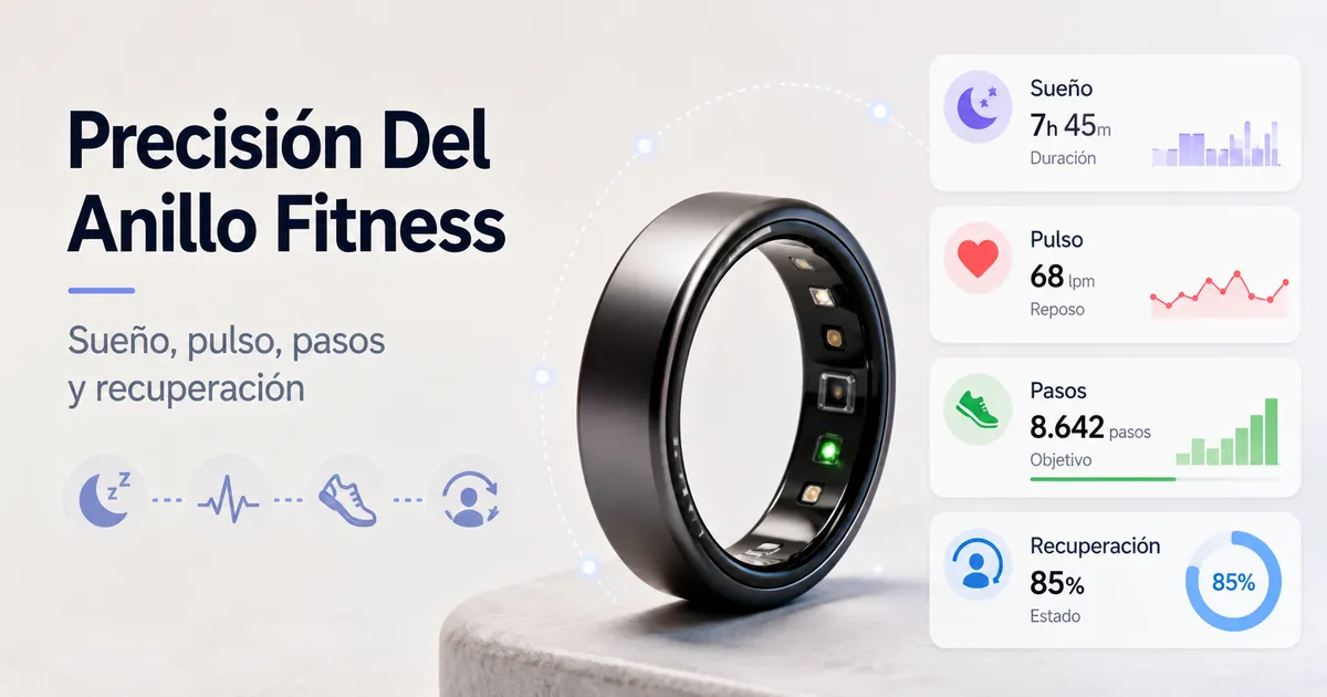 Anillo inteligente de fitness registrando sueño, frecuencia cardiaca, pasos y recuperación