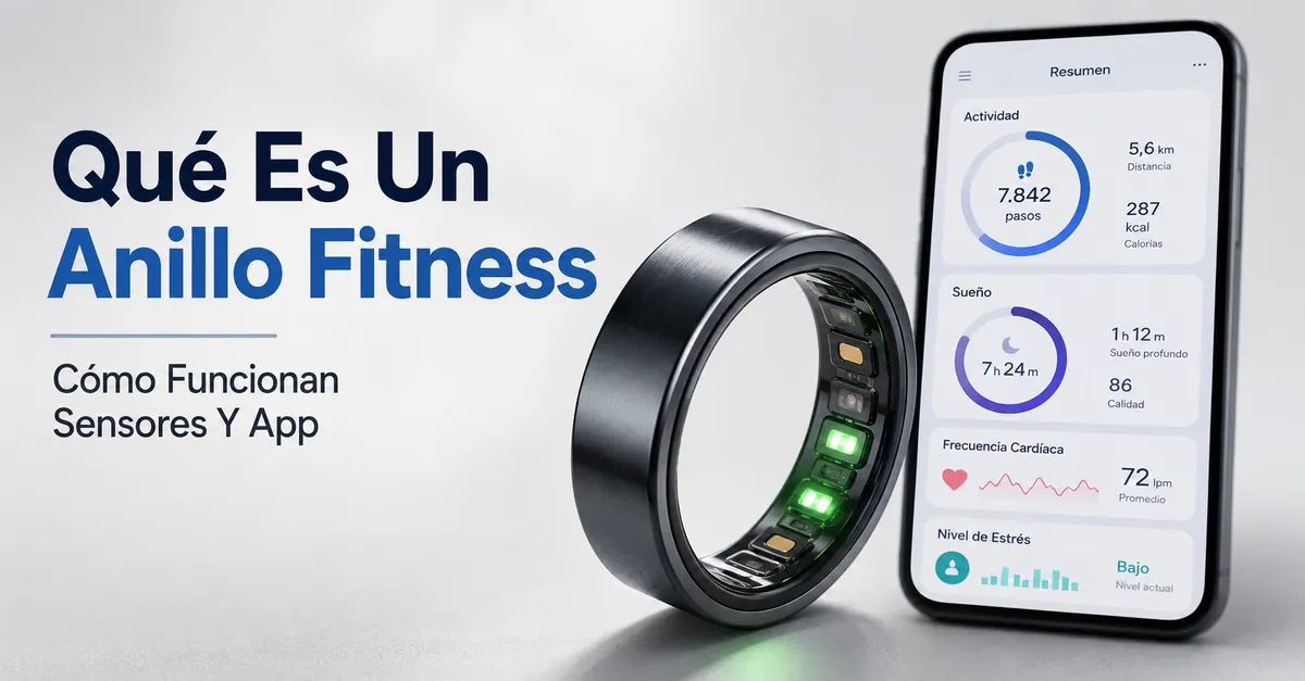 Anillo inteligente de fitness con zona de sensores visible y app de salud conectada