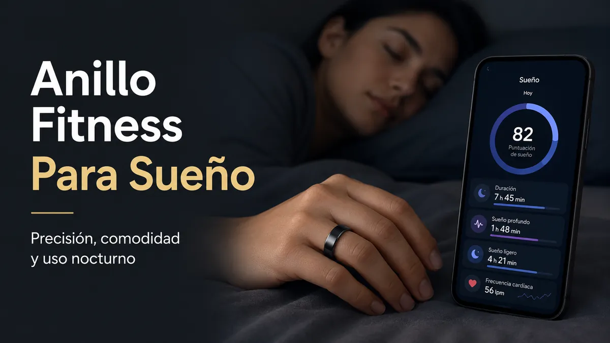 Anillo inteligente de fitness usado por la noche con métricas de sueño en un móvil