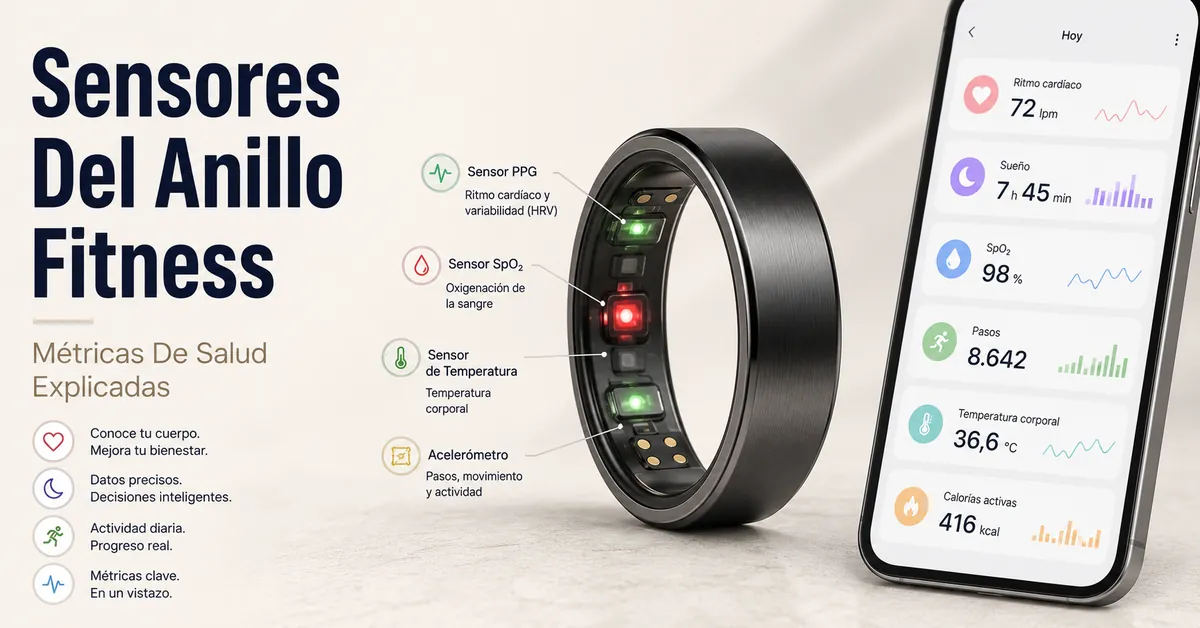 Sensores de un anillo inteligente de fitness con métricas de salud en una app móvil