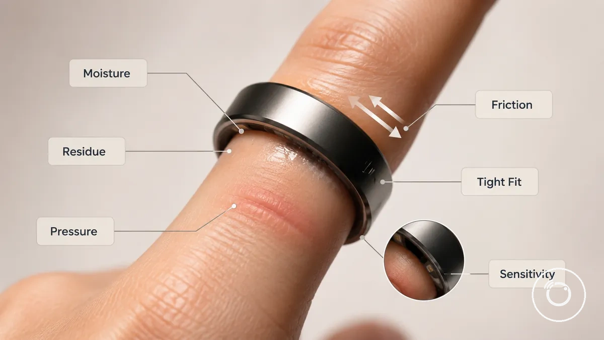 Bague connectée annotée sur un doigt montrant les causes courantes d irritation comme l humidité, la pression et les frottements