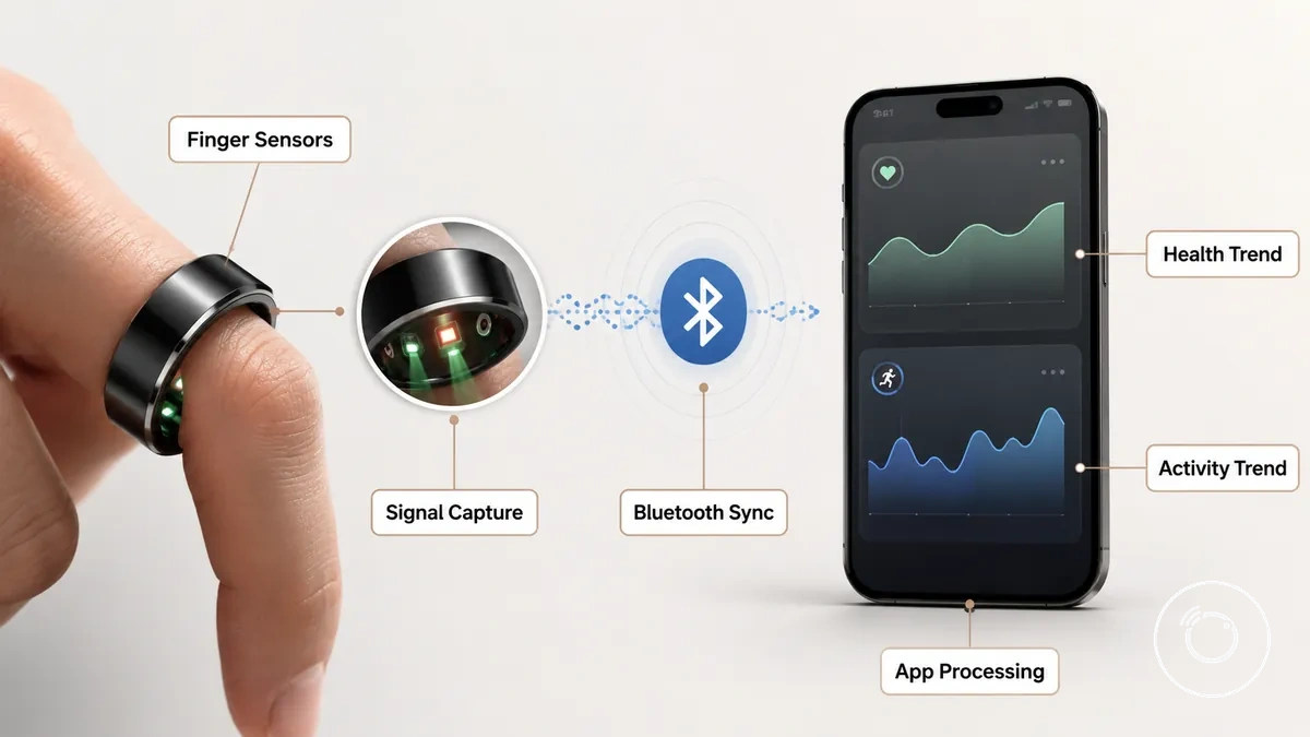 Diagramme montrant les capteurs de la bague connectée fitness synchronisant les données vers une application de santé