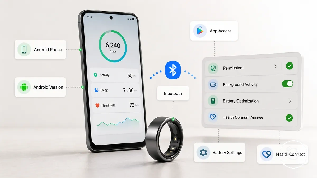 Exemple annoté montrant un téléphone Android avec une application de bague, un appairage Bluetooth et des paramètres de compatibilité Android
