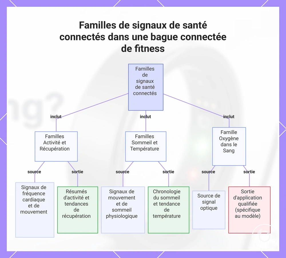 Familles de signaux de santé connectés dans une bague connectée de fitness