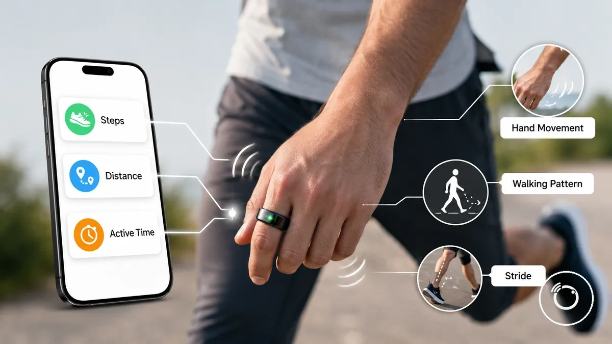 Application de bague connectée fitness affichant les pas, la distance et le temps actif pendant l’activité quotidienne