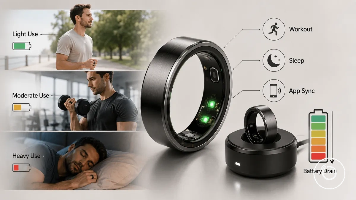 Utilisation légère, modérée et intensive du suivi montrant des détails sur la batterie et la recharge d’une bague connectée