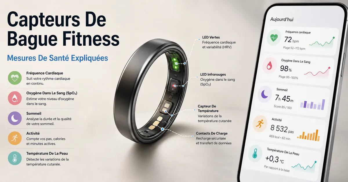 Capteurs d’une bague connectée fitness avec mesures de santé affichées dans une application mobile
