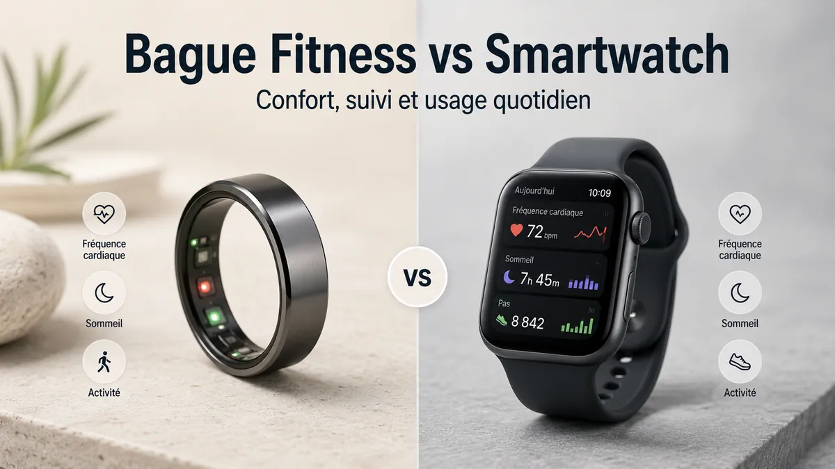 Bague connectée fitness et smartwatch côte à côte pour comparer le suivi par objet connecté