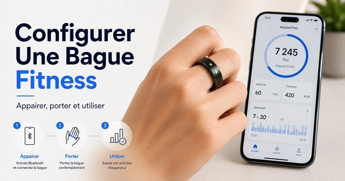 Bague connectée fitness appairée à une application mobile et portée au doigt