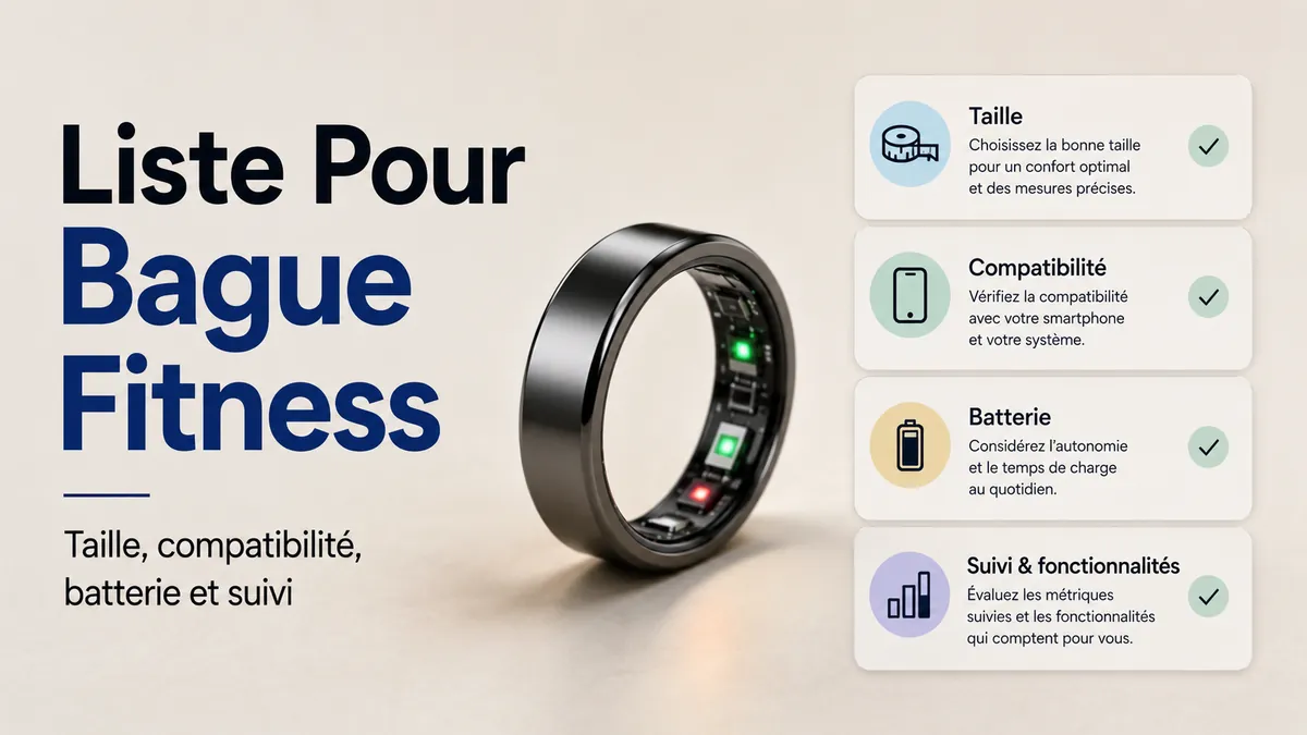 Liste d’achat pour une bague connectée fitness avec critères de taille, compatibilité, batterie et suivi