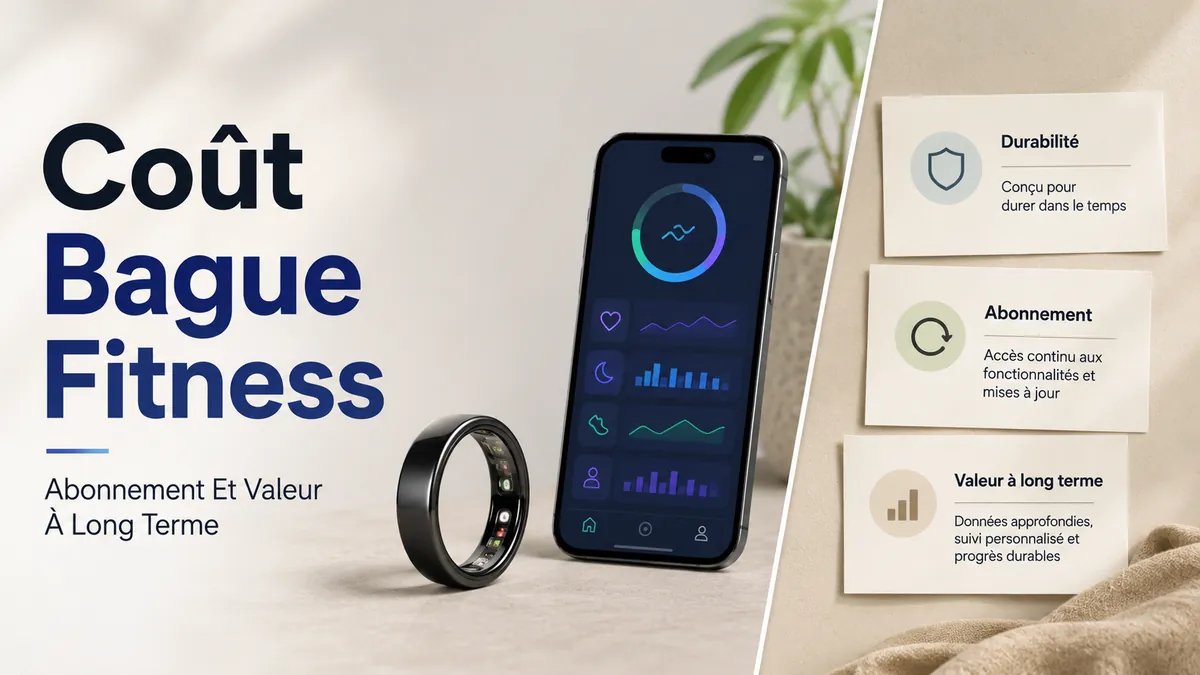 Bague connectée fitness près d’une application mobile et de notes de comparaison de prix