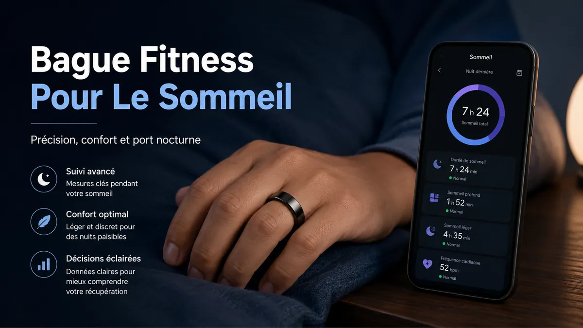 Bague connectée fitness utilisée la nuit avec mesures de sommeil sur un smartphone