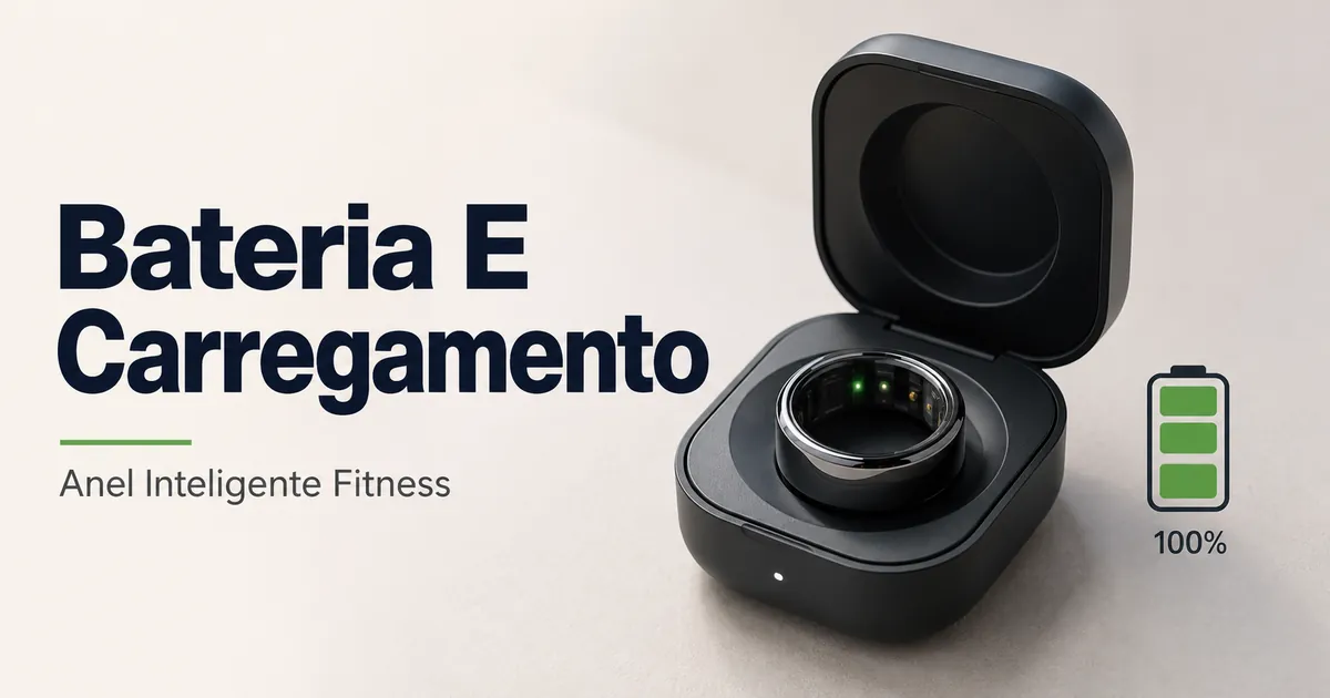 Anel inteligente fitness em um estojo de carregamento compacto ao lado de um indicador de bateria