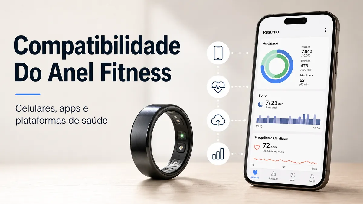 Anel inteligente fitness pareado com um app de saúde no celular