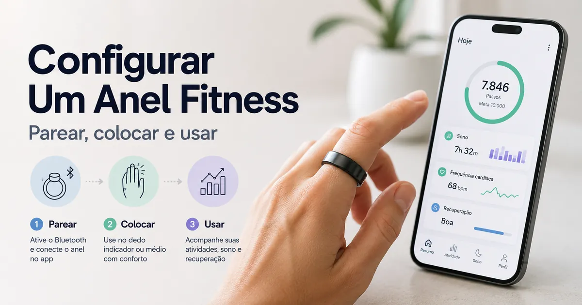 Anel inteligente fitness sendo pareado com um app de celular e colocado no dedo