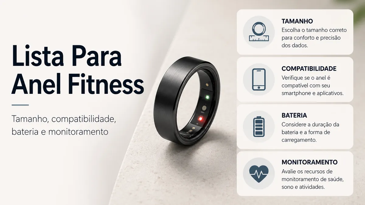 Lista de compra para anel inteligente fitness com fatores de tamanho, compatibilidade, bateria e monitoramento
