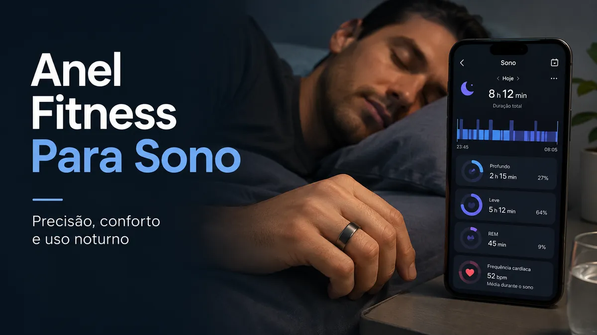 Anel inteligente fitness usado durante a noite com métricas de sono em um celular
