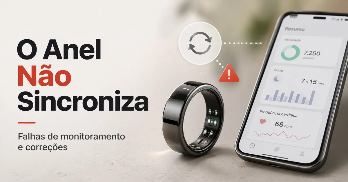 Anel inteligente fitness e app de celular com sinais de falha de monitoramento ou sincronização
