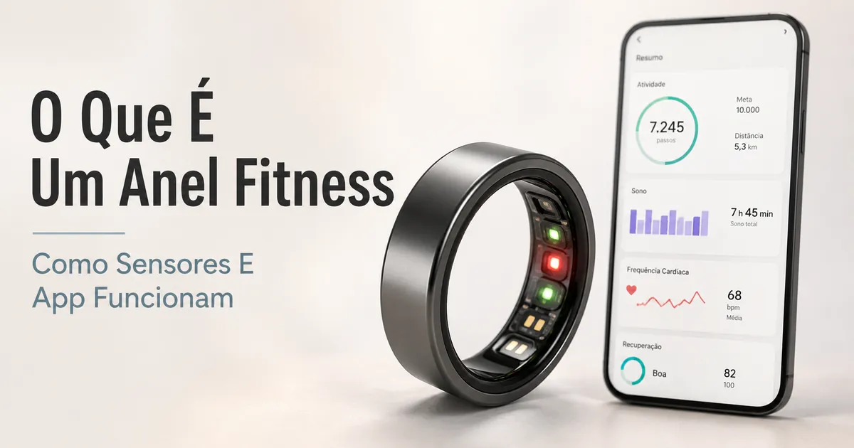 Anel inteligente fitness com área de sensores visível e app de saúde conectado