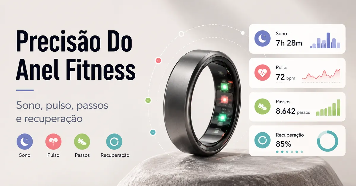 Anel inteligente fitness registrando sono, frequência cardíaca, passos e recuperação