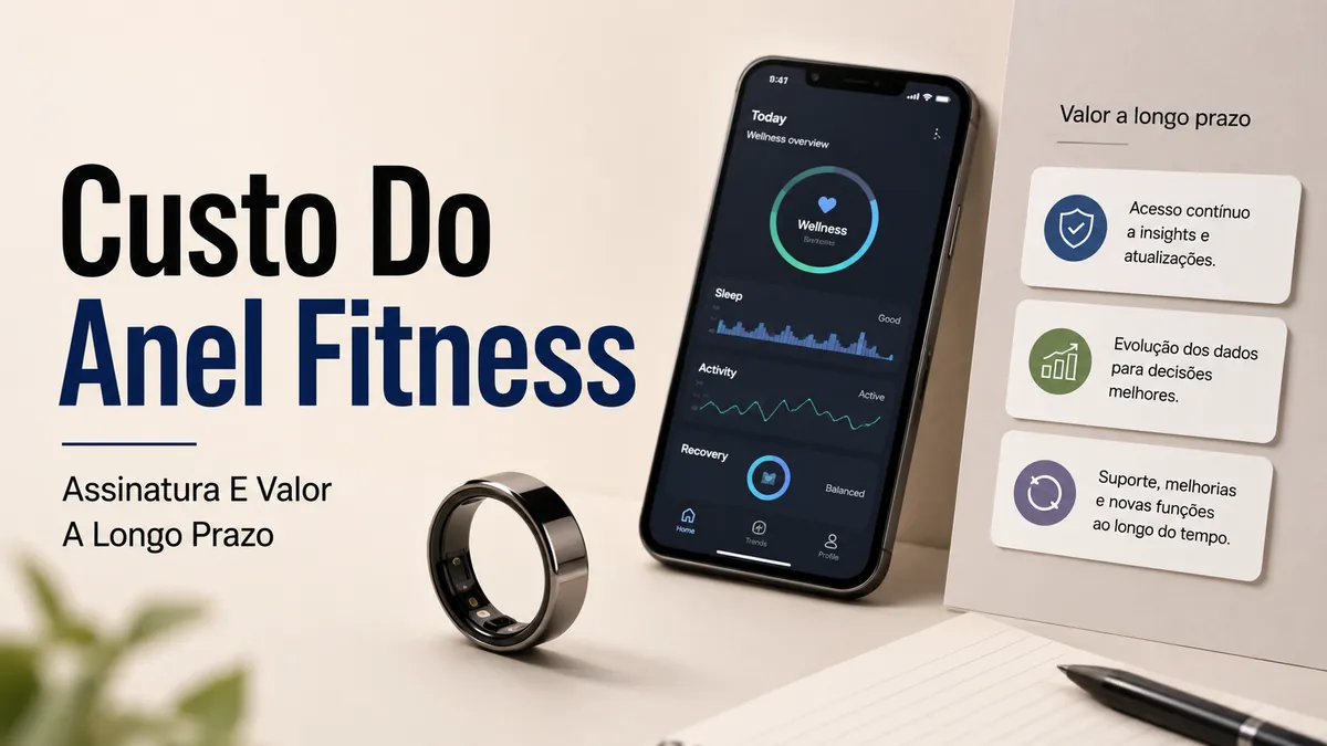 Anel inteligente fitness ao lado de um app de celular e anotações de comparação de preços