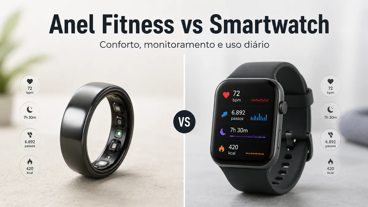 Anel inteligente fitness e smartwatch lado a lado para comparar monitoramento em dispositivos vestíveis