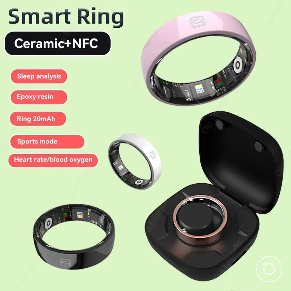 NFC, uyku takibi, kalp atış hızı, tansiyon ve şarj kutusu olan seramik fitness akıllı yüzük