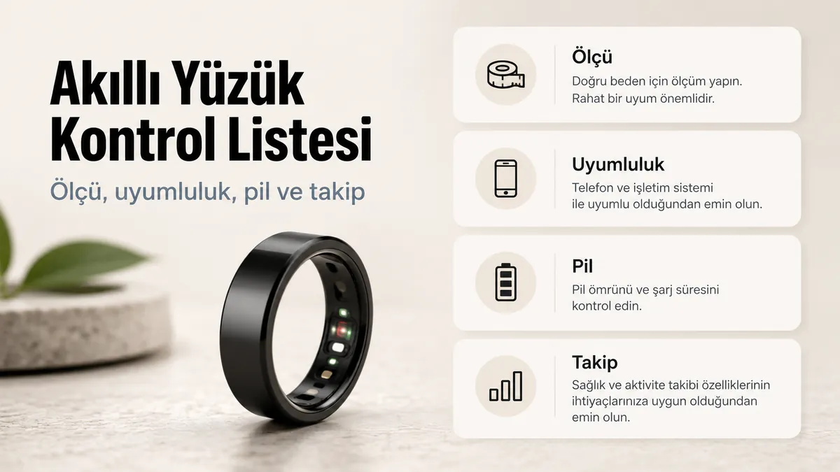 Ölçü, uyumluluk, pil ve takip faktörleri içeren fitness akıllı yüzük satın alma listesi