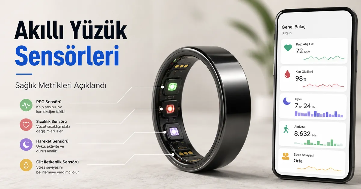 Telefon uygulamasında sağlık metrikleriyle gösterilen fitness akıllı yüzük sensör düzeni