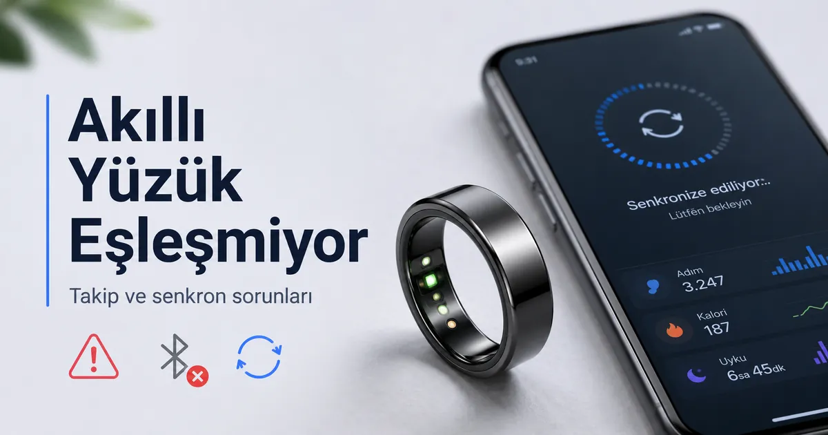 Takip veya senkronizasyon sorunu işaretleri gösteren fitness akıllı yüzük ve telefon uygulaması